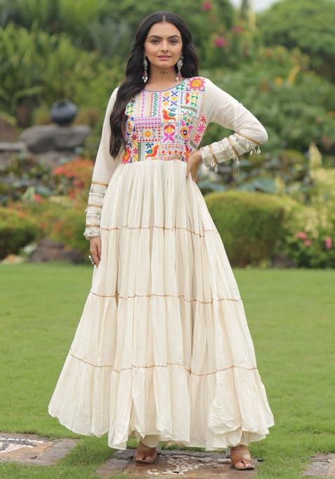 White Thread Work Cotton Gown