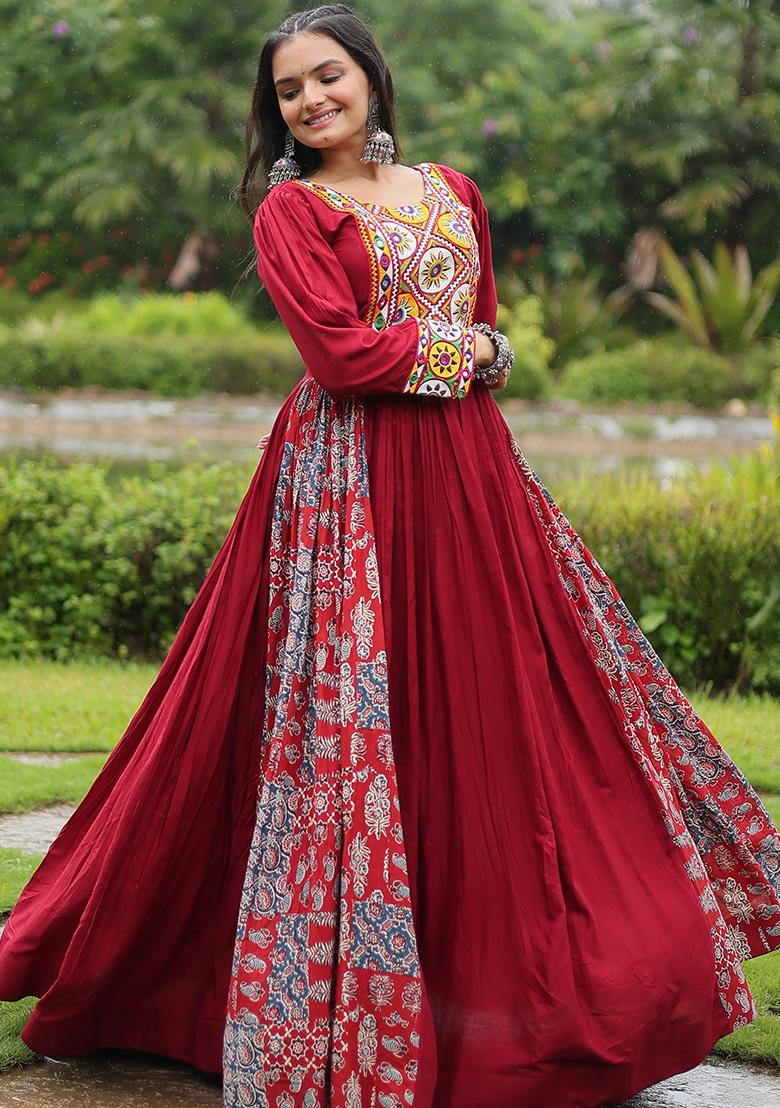 Maroon Embroidered Rayon Gown