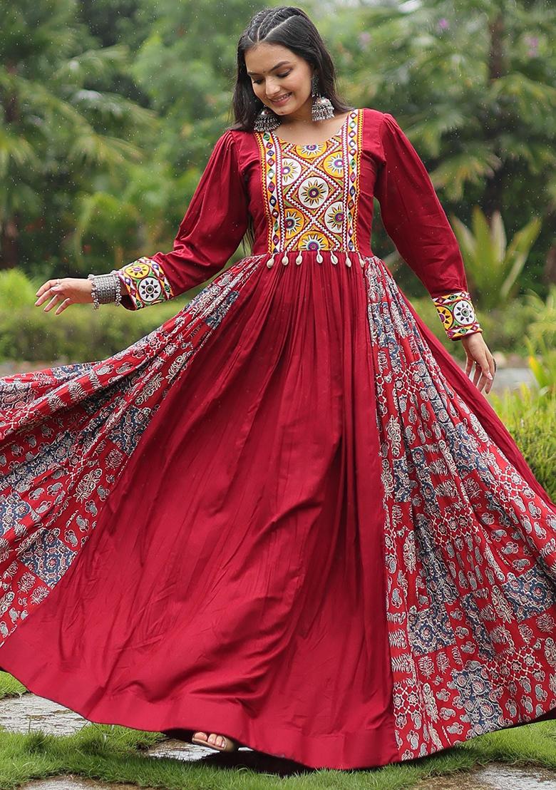 Maroon Embroidered Rayon Gown