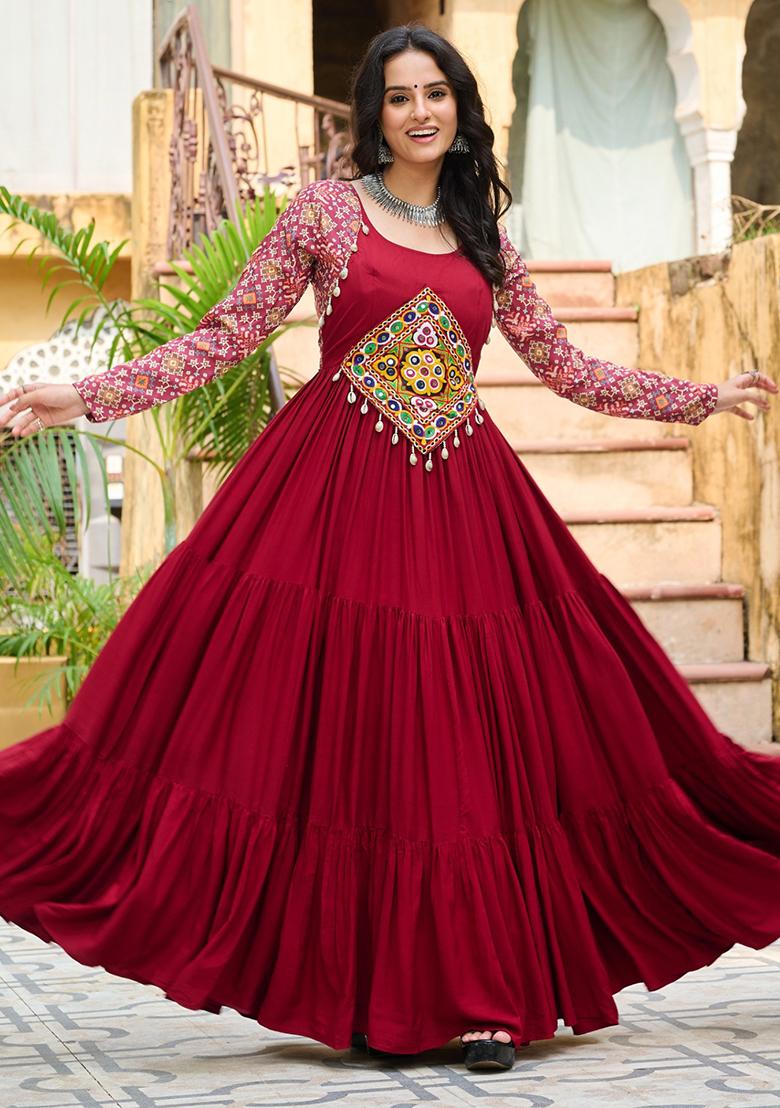 Maroon Embroidered Rayon Gown