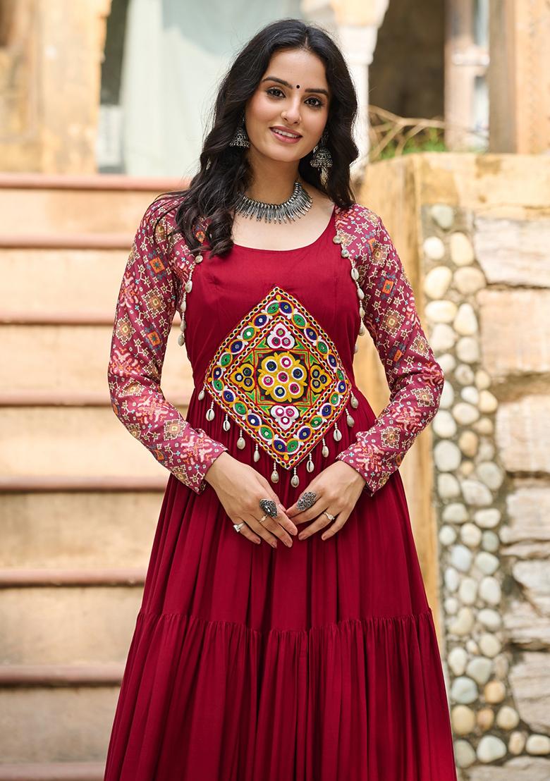 Maroon Embroidered Rayon Gown