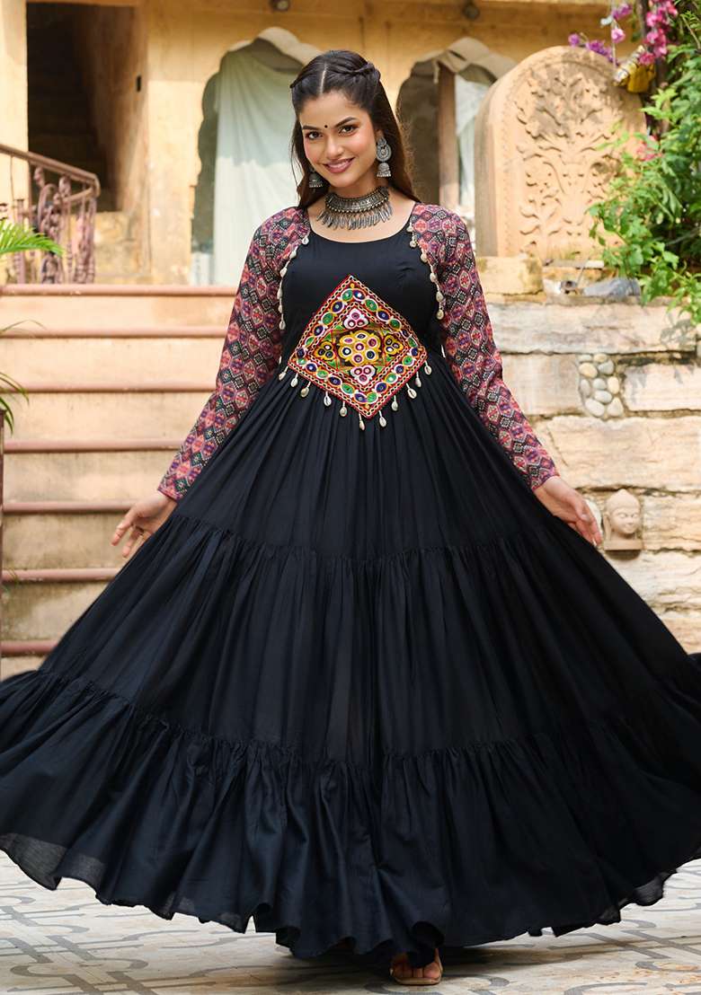 Black Embroidered Rayon Gown - Indya