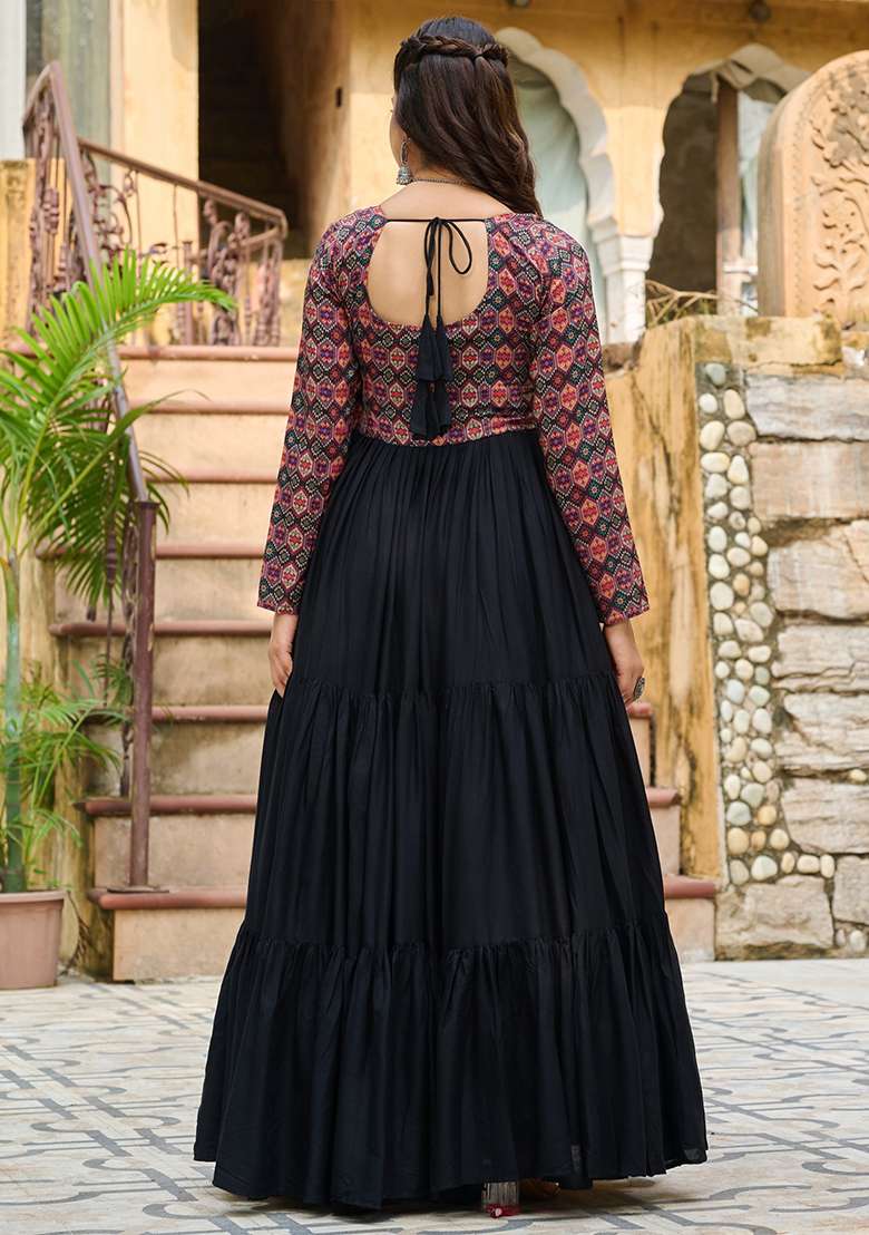 Black Embroidered Rayon Gown - Indya