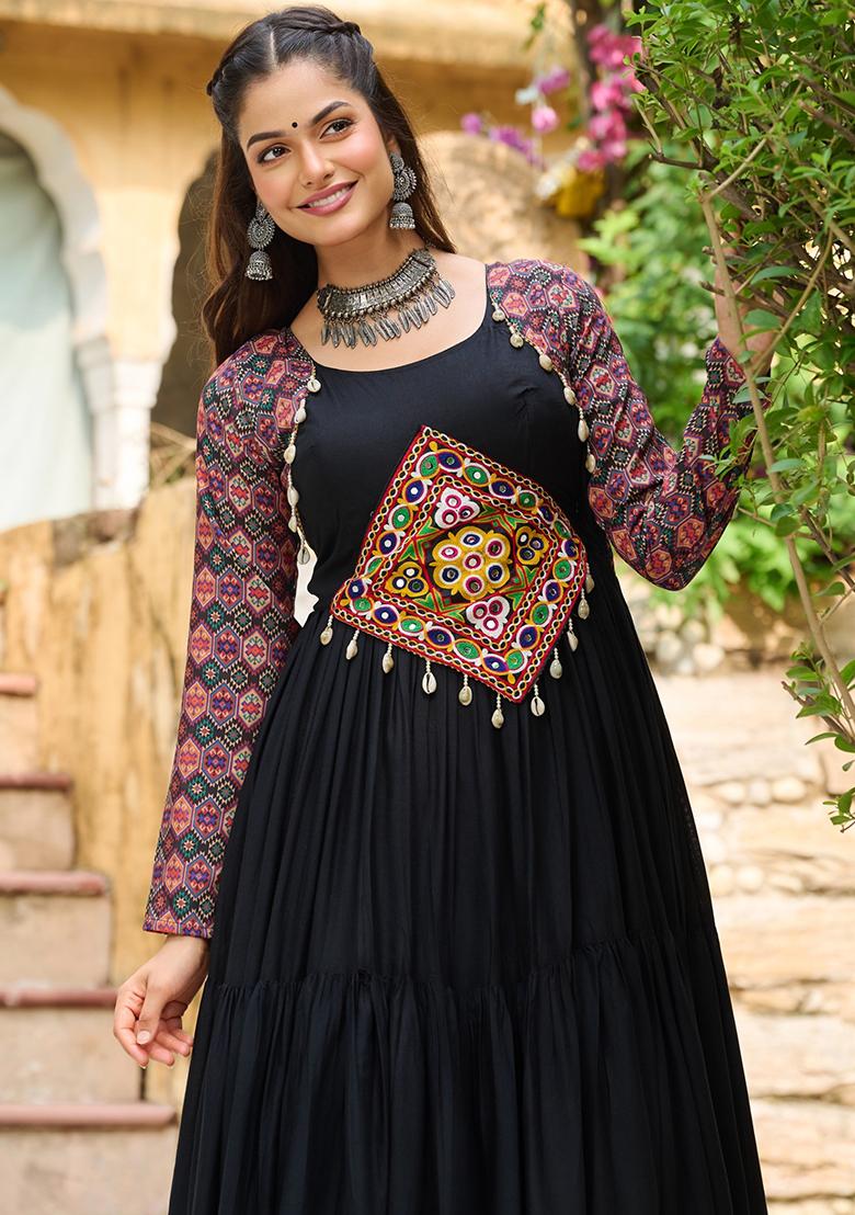Black Embroidered Rayon Gown