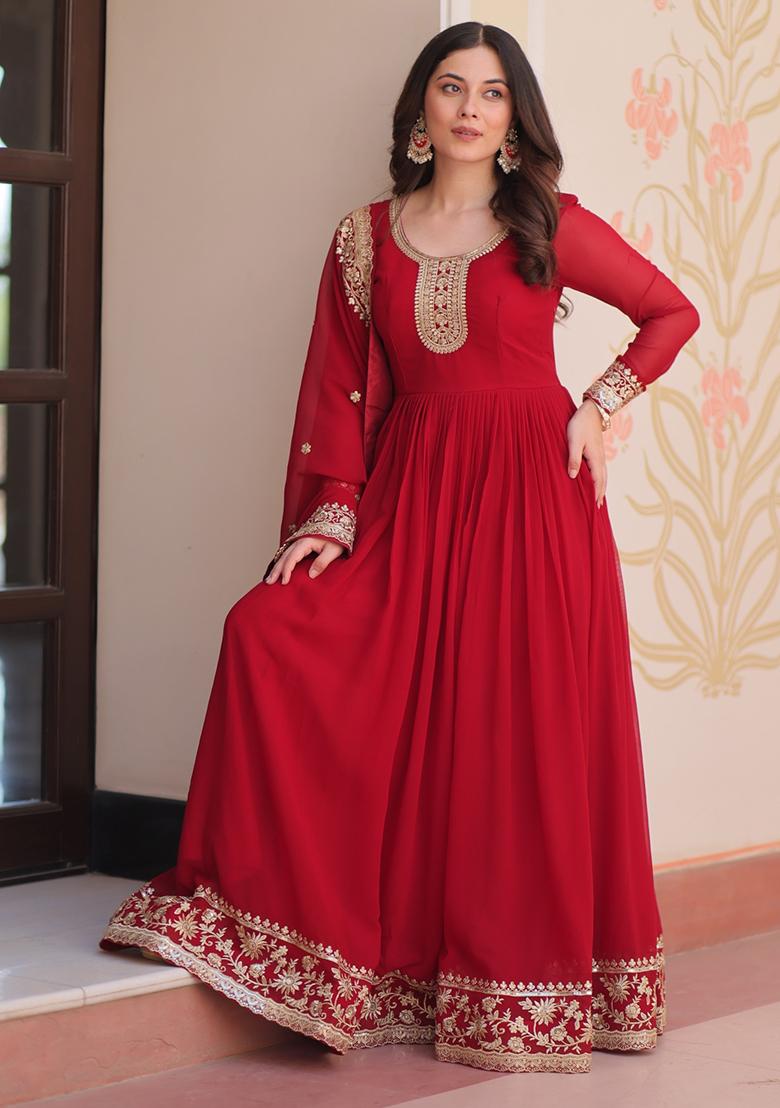 Maroon Embroidered Georgette Gown