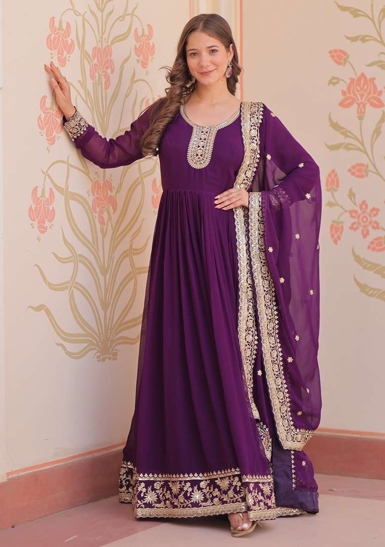 Purple Embroidered Georgette Gown - Indya