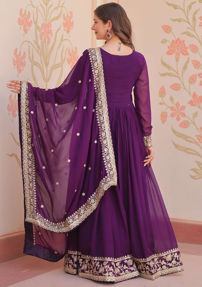 Purple Embroidered Georgette Gown - Indya