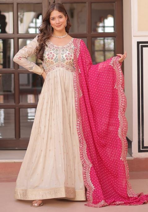 Offwhite Embroidered Jacquard Gown