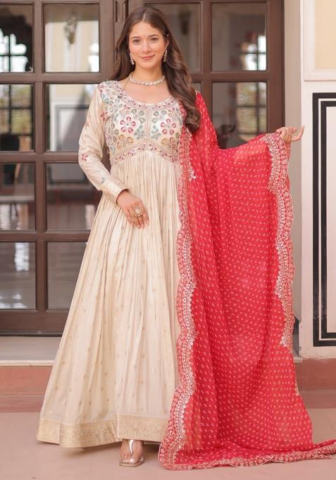 Offwhite Embroidered Jacquard Gown