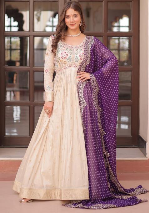 Offwhite Embroidered Jacquard Gown