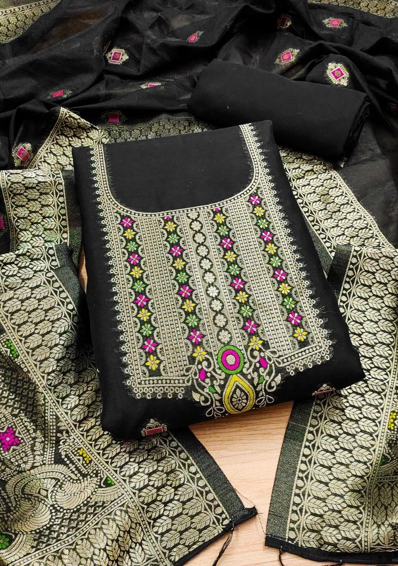 Bottle Green Woven Zari Dress Material