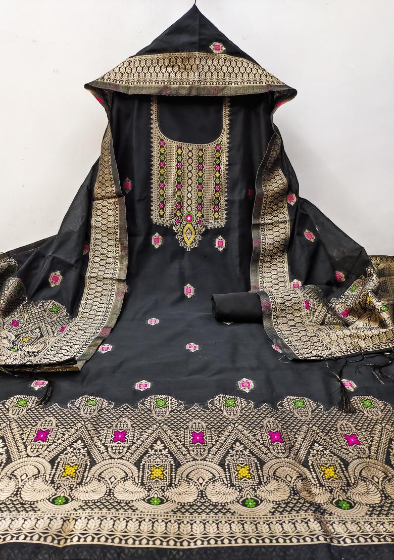 Bottle Green Woven Zari Dress Material