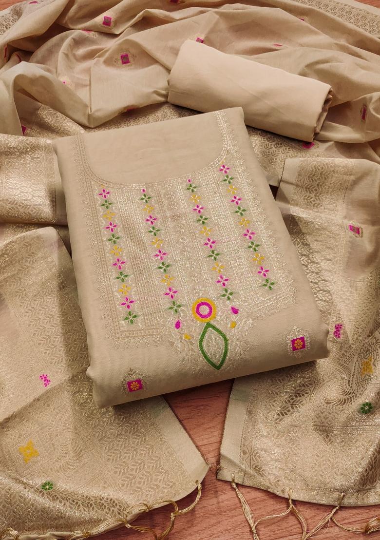 Chiku Woven Zari Dress Material