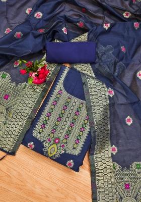 Navy Blue Woven Zari Dress Material