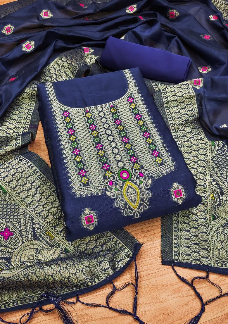 Navy Blue Woven Zari Dress Material