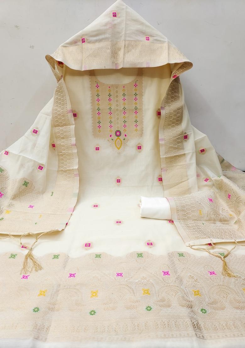 White Woven Zari Dress Material