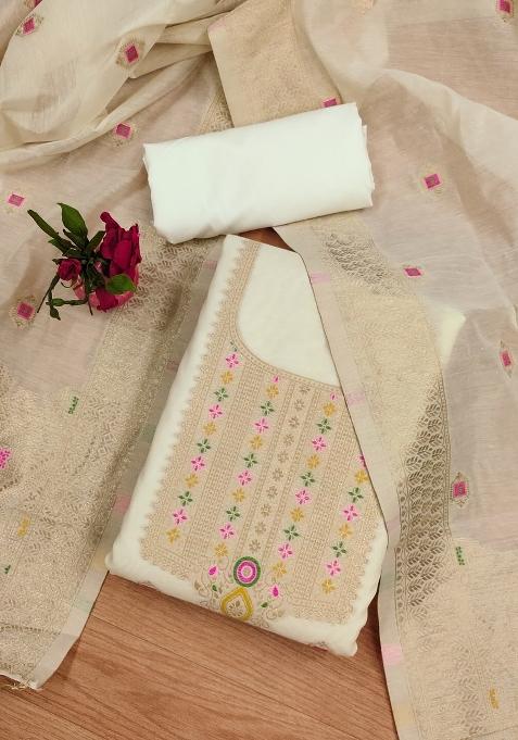 White Woven Zari Dress Material