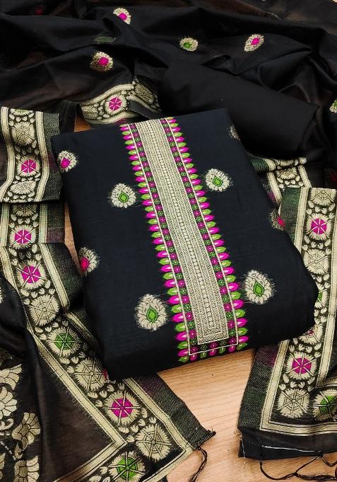 Bottle Green Woven Zari Dress Material