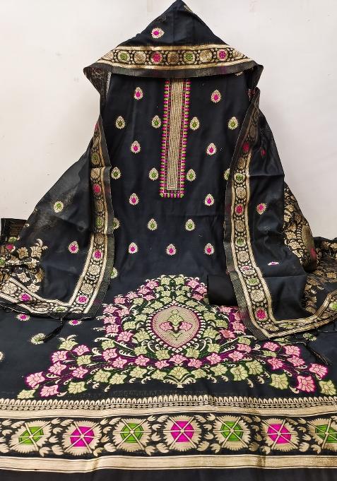 Bottle Green Woven Zari Dress Material