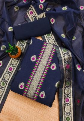 Navy Blue Woven Zari Dress Material