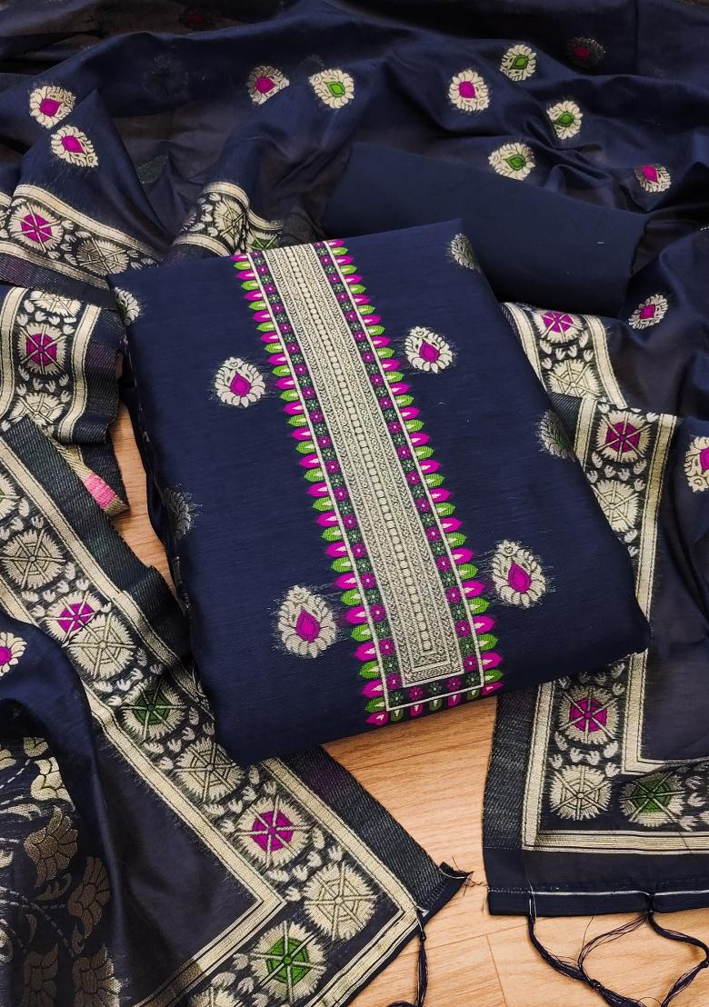 Navy Blue Woven Zari Dress Material