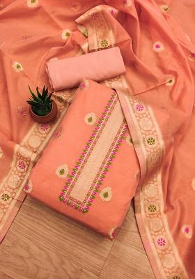 Peach Woven Zari Dress Material