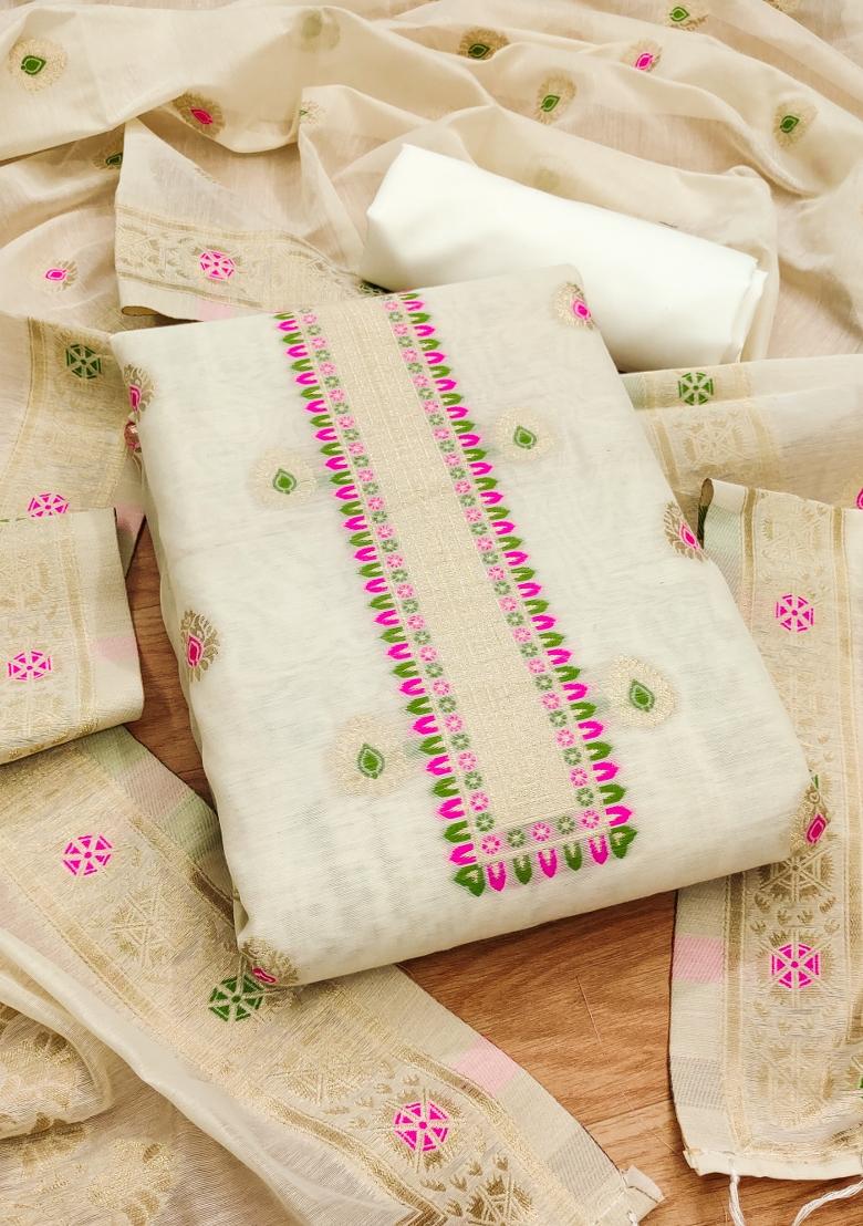 White Woven Zari Dress Material