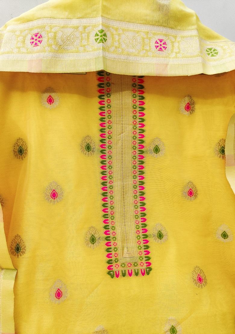 Yellow Woven Zari Dress Material