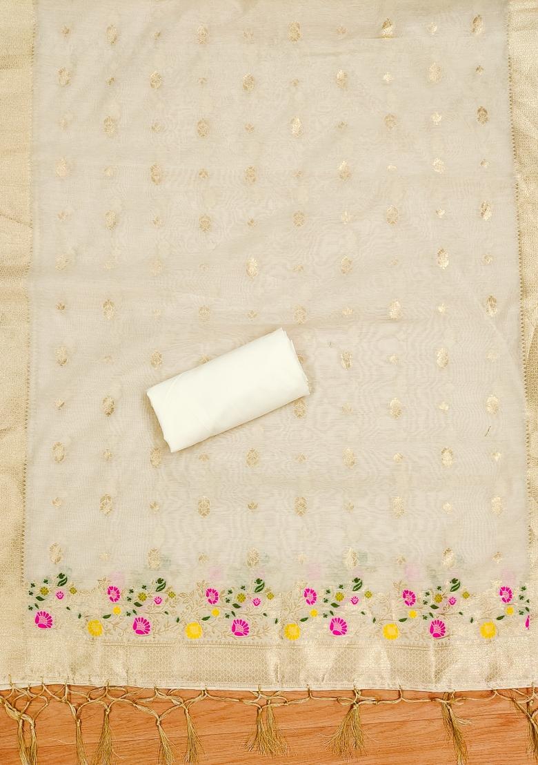 White Woven Zari Dress Material