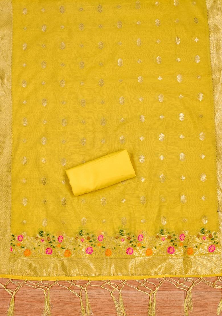 Yellow Woven Zari Dress Material