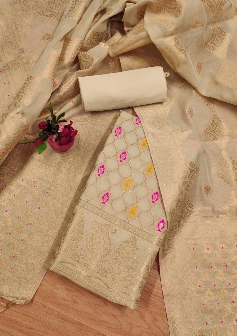 Chiku Woven Zari Dress Material