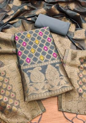 Grey Woven Zari Dress Material