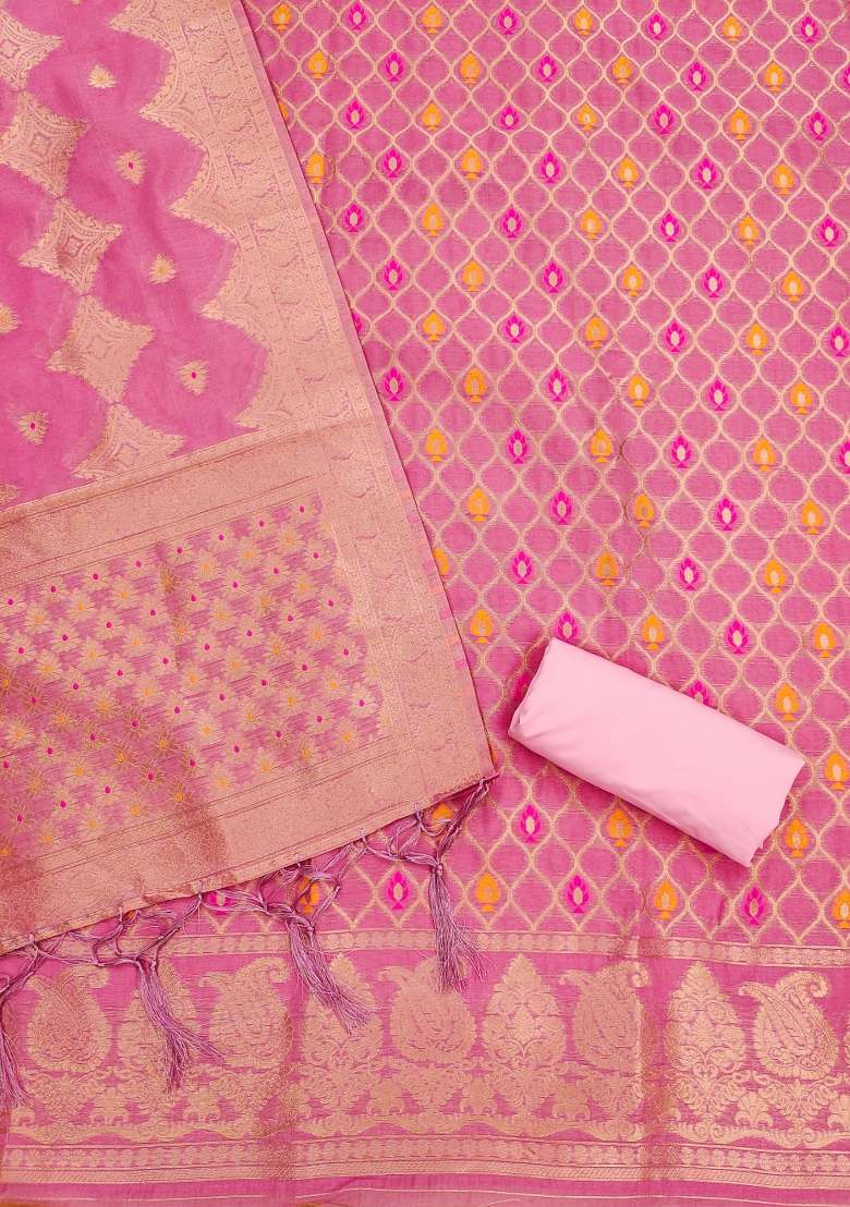 Pink Zari Work Blended Straight Kurta Set - Indya