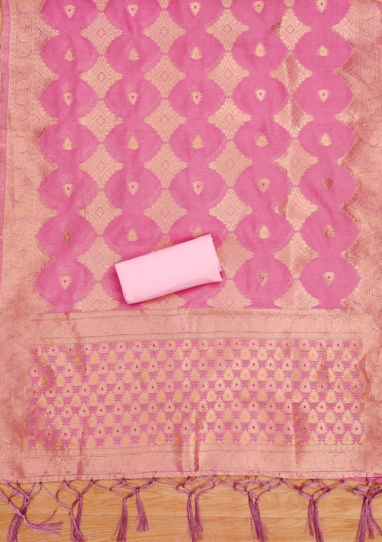 Pink Woven Zari Dress Material