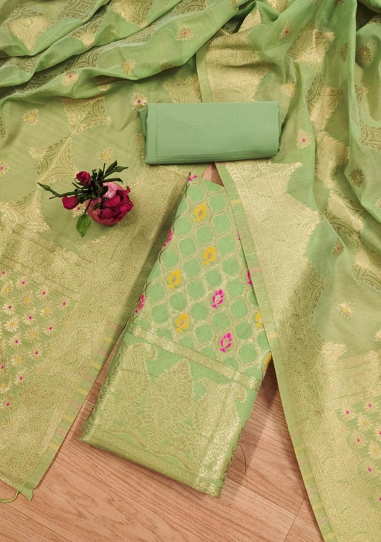 Pista Woven Zari Dress Material