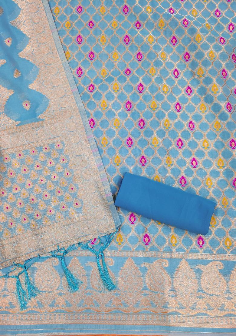 Sea Green Woven Zari Dress Material