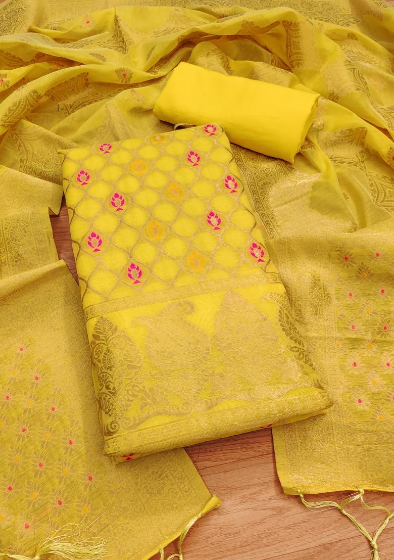 Yellow Woven Zari Dress Material