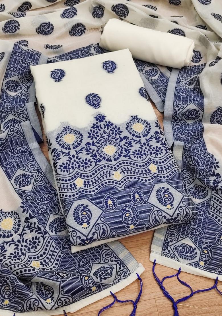 Navy Blue Woven Zari Dress Material