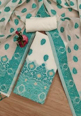 Teal Woven Zari Dress Material