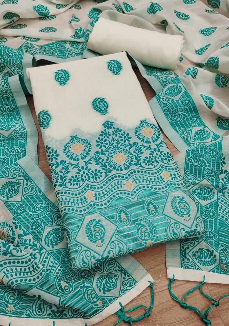 Teal Woven Zari Dress Material