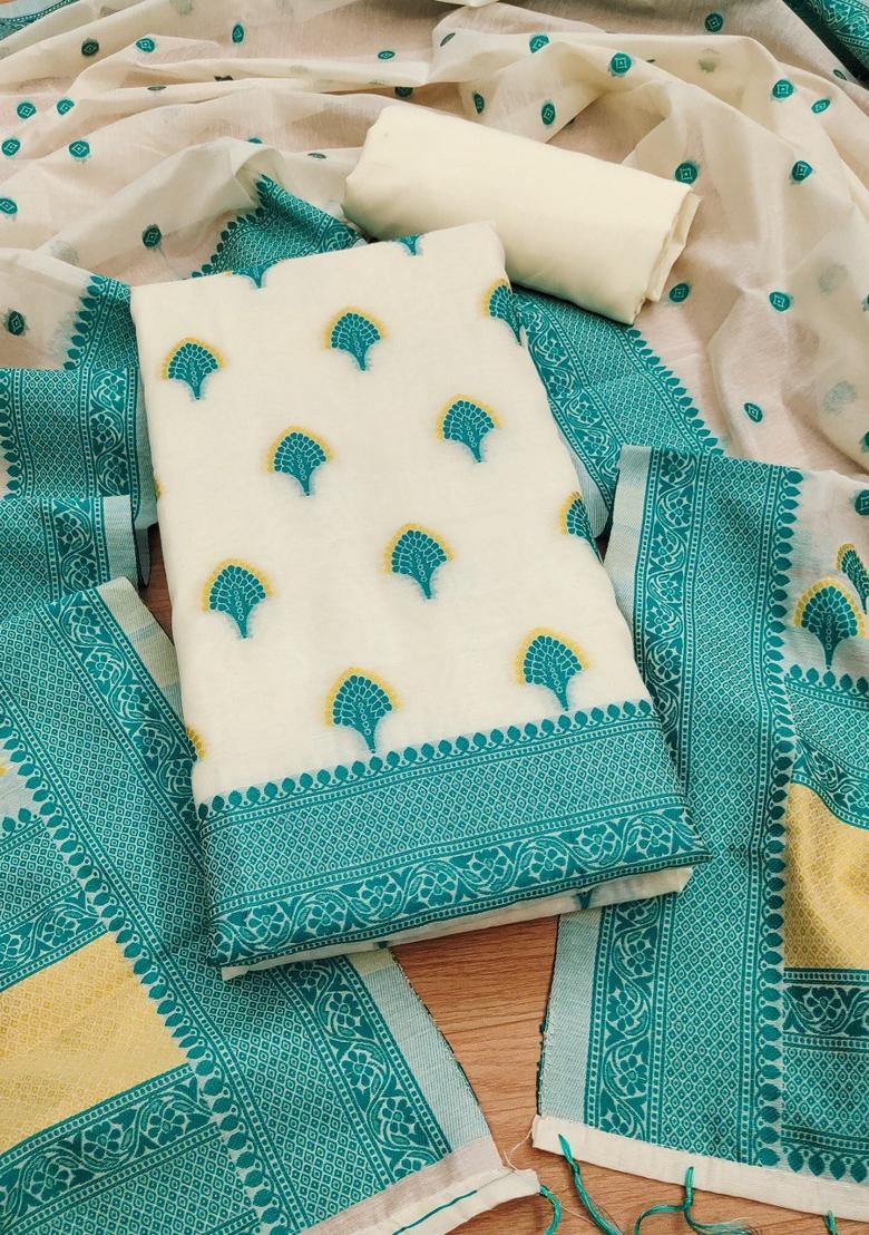 Teal Woven Zari Dress Material