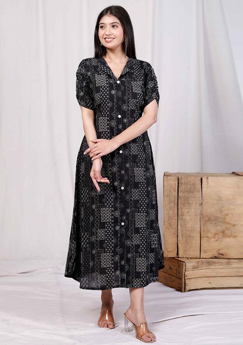 Black Printed Cotton Dress - Indya