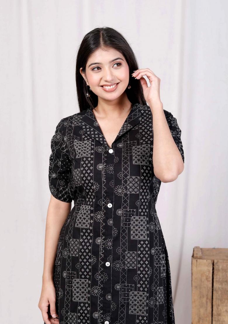 Black Printed Cotton Dress - Indya
