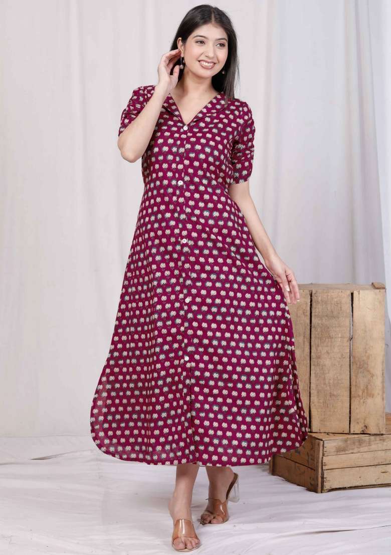 Red Cotton Gown with Printed for Diwali | Wedding & Festive Wear - Indya