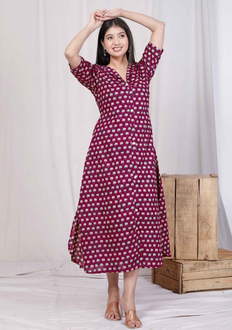 Red Printed Cotton Dress - Indya