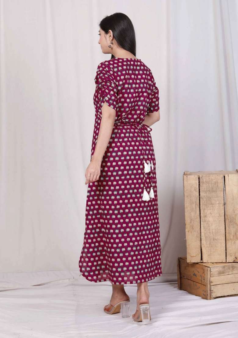 Red Cotton Gown with Printed for Diwali | Wedding & Festive Wear - Indya
