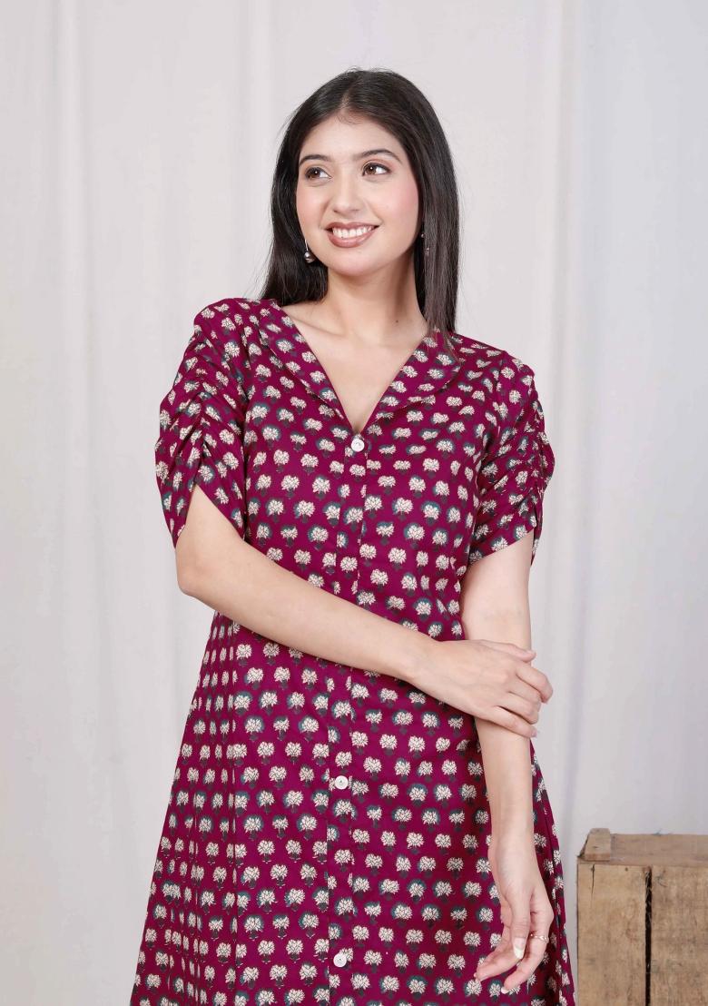 Red Printed Cotton Dress - Indya