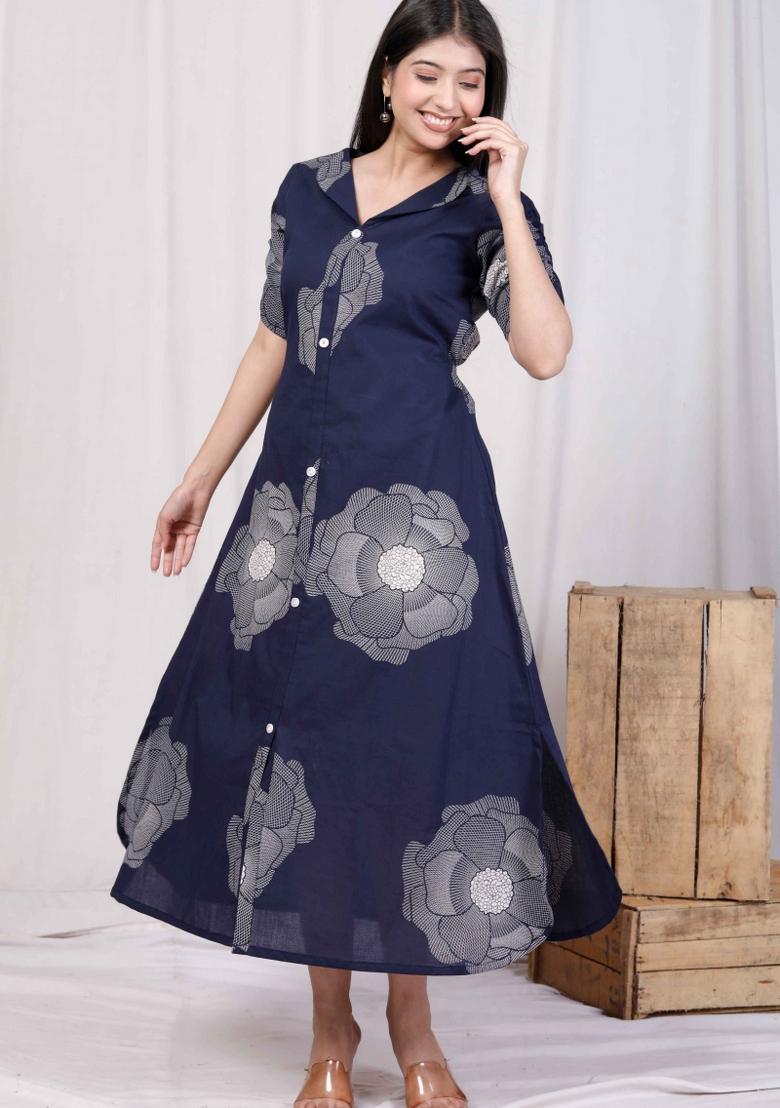 Blue Printed Cotton Dress - Indya