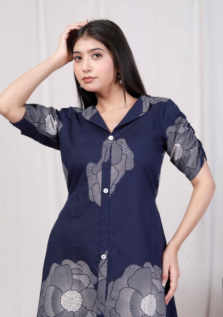 Blue Printed Cotton Dress - Indya