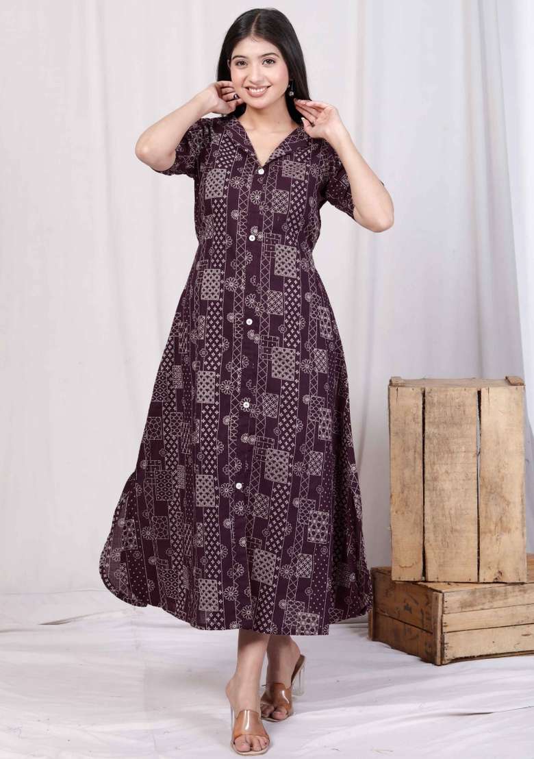 Wine Printed Cotton Kurta - Indya